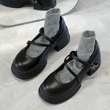 牛革製 厚底マリジェンシューズ【イギリス風・太ヒール・ラウンドトゥ】