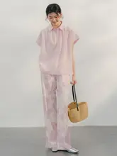 blushwhite 手描き桜プリントストレートパンツ【スリット入り】