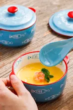 ezicok 陶製 蒸し卵用ボウル【フタ付き・赤ちゃん用・食器・水蒸し調理】