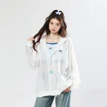 デザイン性あるフード付きニットカーディガン【春夏用・透かし編み・海星モチーフ・日焼け対策】