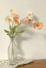 柔らかなサンゴ色のポピー風造花とガラス花瓶【インテリア飾り用】