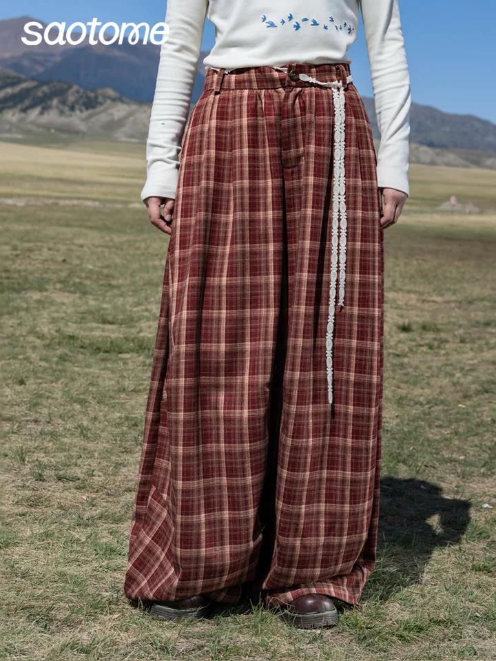 クリスマスデザイン ヴィンテージ風チェック柄 ワイドレ  ッグパンツ【肌触りの良い起毛生地・フィット】（セットアップ対応）