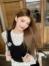 波点デザインのフリル付き長袖Tシャツとニットベスト【秋向け・韓国風】（セットアップ対応）