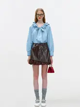 フリルとリボン付き長袖シャツ【春秋用・ブルー・ゆったりフィット】（セットアップ対応）