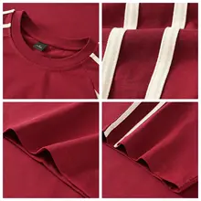 酒紅色のカラーブロック コットン半袖Tシャツ【アメリカンスタイル・ルーズフィット・ラグランスリーブ】
