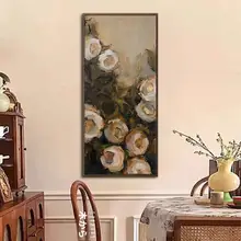 花卉デザインの手描き油絵【中古・新中式・縦型壁掛け】