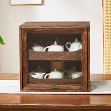 天然木製 茶具収納キャビネット【防塵・ディスプレイ用・抽斗付き】