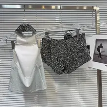 名媛風  Vネックのスパンコールジャケット【ノースリーブトップス・花柄ショートパンツ】（セットアップ対応）