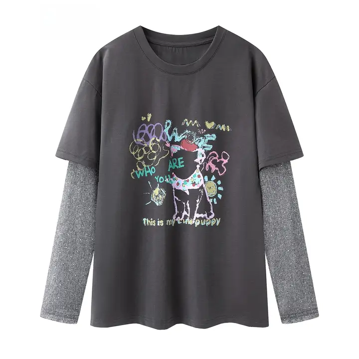 デザイン性のあるプリント付きレターフェイクレイヤードTシャツ【春夏用・クルーネック】（セットアップ対応）