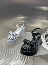 オープントゥのワイズヒールサンダル【厚底・リボン付き・ハイヒール・通気性】