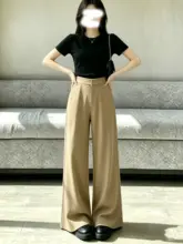 カーキ色のウエストハイワイドパンツ【夏用・フィット・小柄サイズ対応】（セットアップ対応）