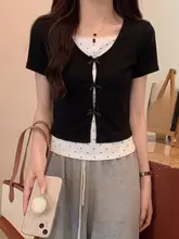 韓国風 学院風フェイク2点セット 半袖Tシャツ【リボン・ドット柄・甘美なおしゃれ】（セットアップ対応）