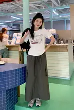 レトロ工装デザインのハイウエストAラインスカート【春用・ロング丈・スリム効果】