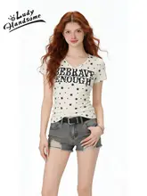 Vネックの星柄プリント半袖Tシャツ【レディース・フィット感のあるデザイン・カジュアル】