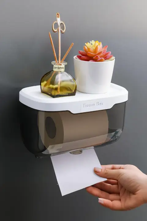 穴あけ不要 防水トイレットペーパーボックス【壁掛け収納・ティッシュホルダー付き】