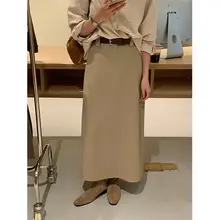 hellokay シンプルデザインの秋用 レディーススカート【ハイウエスト・後スリット・中長丈】