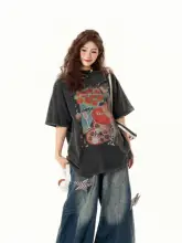 アメリカンヴィンテージ風 花柄プリント半袖Tシャツ【夏用・ゆったりデザイン】