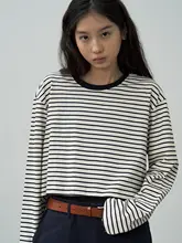 WITHSUUGAR 環境に優しい ブラック＆ホワイトストライプ 短丈長袖Tシャツ【クラシック・カジュアル】