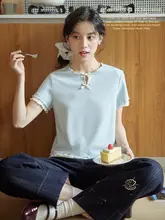 バタフライリボン付き カラーブロックデザインのラウンドネックTシャツ【木の葉型フリル・短袖】