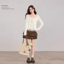 白褶边デザインの甘美なニットトップス【春夏用・二重構造・女性用】（セットアップ対応）