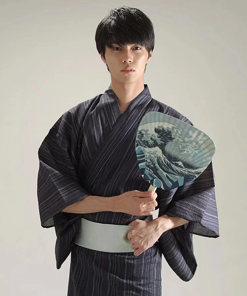 男性用浴衣【日本伝統・武士風・コットンリネン製・ウエストベルト付き】