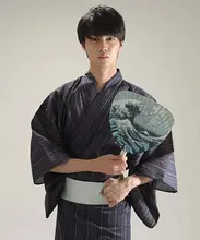 男性用浴衣【日本伝統・武士風・コットンリネン製・ウエストベルト付き】