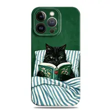 黒猫デザインのレトロな二合一磁吸スマホケース【深緑・文芸風・iPhone対応】