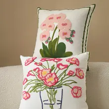 クッションカバー ボタニカル刺繍 綿麻 ピンク リビング インスタ映え 優しい肌触り