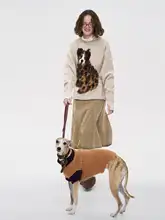 犬柄デザインセーター【ラウンドネック・フェイクミンク・ウール・長袖・暖かい】