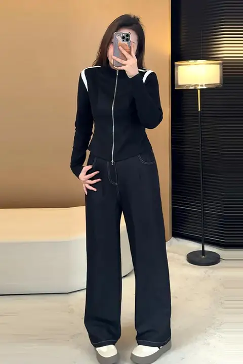 秋用アメリカンカジュアルスタイルのジャケットとデニムパンツ【大きいサイズ・体型カバー・美シルエット】（セットアップ対応）