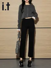 高腰ストレートデニムパンツ【女性用・黒・スリムフィット・九分丈】