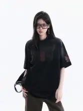 ストリートスタイルのレトロな染色プリントラウンドネックTシャツ【ユニセックス・ショートスリーブ】