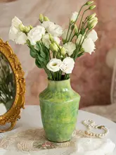 フランス風 陶器製花瓶【ヴィンテージ・緑色・油絵デザイン・ドライフラワー・生花対応】