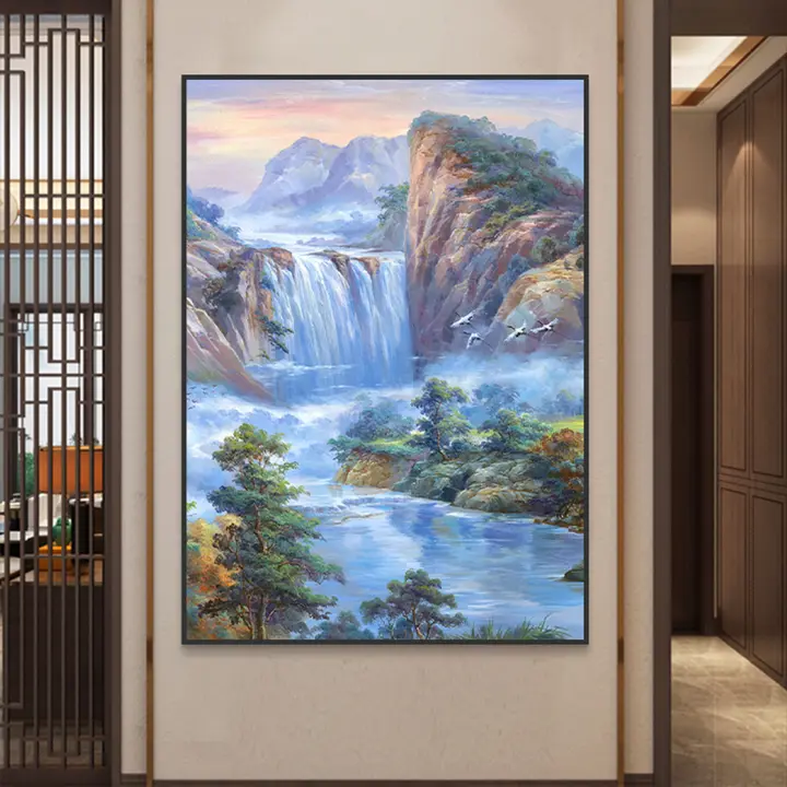 手描きの高山流水風景縦型装飾画【中式デザイン・リビング・ダイニング用】