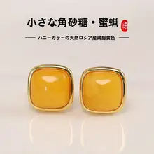 天然蜜蝋の小方糖イヤリング【純銀製・琥珀・黄水晶使用】