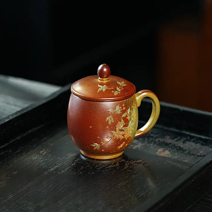 手作り紫砂茶杯【個人用・オフィス・家庭用・泥絵柄・フタ付き】