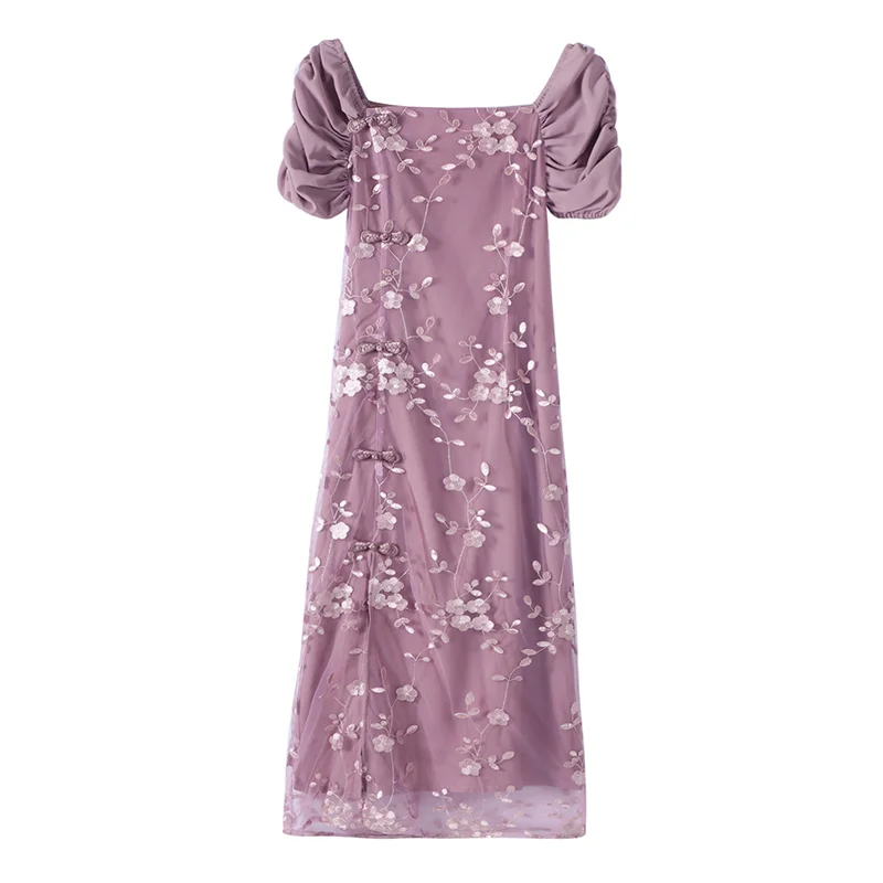 麓津 自制 フラワープリント 改良型 旗袍風 ワンピース【夏用・レトロスタイル・若い女性向け】