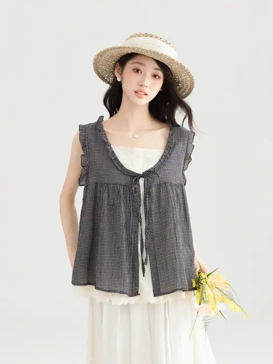 レトロチェック柄フレアスリーブシャツ【夏用・ゆったり短丈・デザイン性あり】（セットアップ対応）