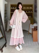 可愛らしいピンクの重ね着ワンピース【春秋向け・長いデザイン・独特なスタイル】（セットアップ対応）