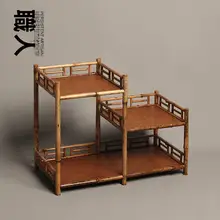 天然竹製 高低二段式茶棚【博古架・茶道用・収納家具】