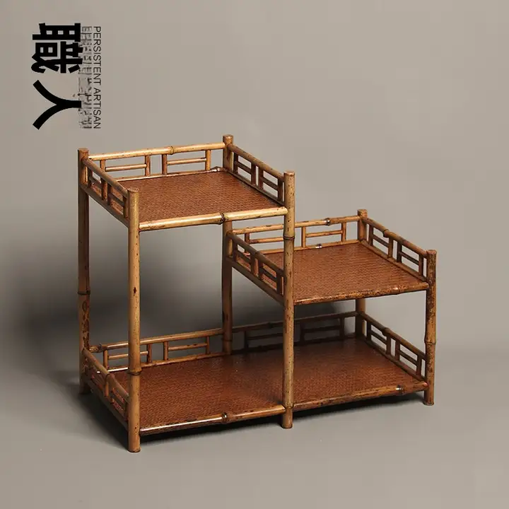 天然竹製 高低二段式茶棚【博古架・茶道用・収納家具】