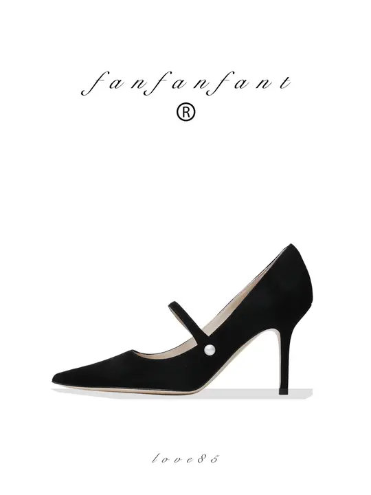 マリージェン レザー調ブラックスエード ハイヒール【細ヒール・先細デザイン・オフィス用】