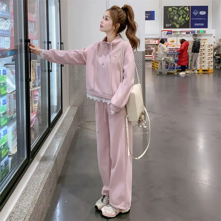 春秋用カジュアルレースフリルピンクスウェットシャツ＆パンツ