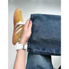 レトロなブルーのワイドレッグデニムパンツ【ハイウエスト・ルーズフィット・ストレートデザイン】（セットアップ対応）