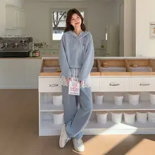 ブルーのレース風トップスとワイドパンツの上下セット【カジュアル・秋向け・リラクシング】（セットアップ対応）