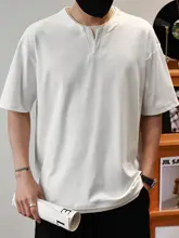 亜麻混合素材の短袖ヘンリーネックTシャツ【極上の柔らかさ・ルーズフィット・メンズ用】（セットアップ対応）