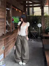 レトロデザインのウエストシェイプ半袖シャツ【女性用・ハイウエスト・カジュアルパンツ・ワイドレッグ】（セットアップ対応）
