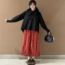 復古スタイルのドット柄花苞スカート【ウエストゴム・中丈・秋用・シワ加工】