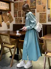 レトロデザイン デニムサンドレス【女性用・カジュアル・体型カバー・ロングスリーブ】（セットアップ対応）