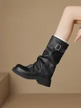 加绒ブラックブーツ【中筒・厚底・ライディングスタイル】